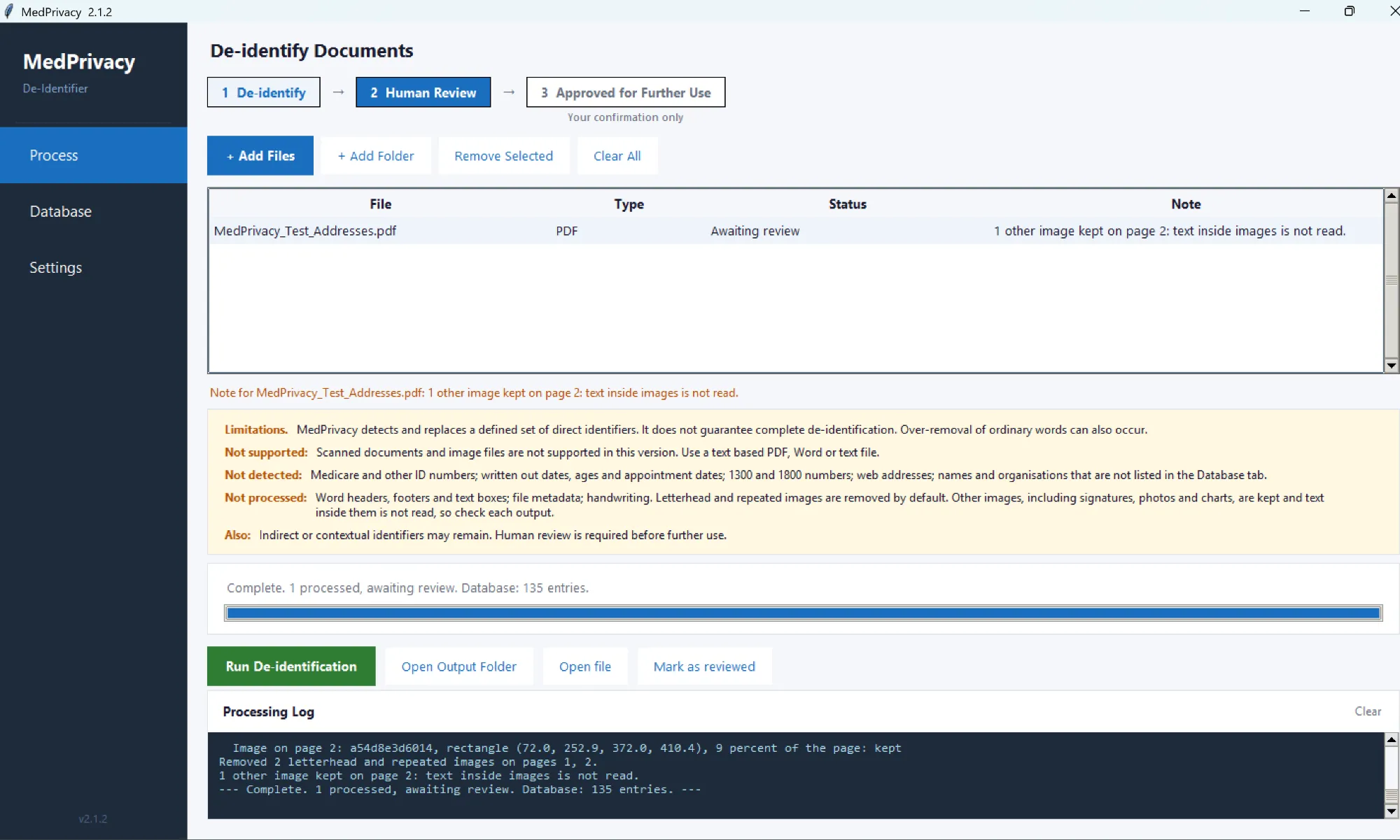 MedPrivacy 2.1.2 Process tab with one invented test file awaiting review